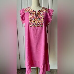 Women's Pink Floral Embroidered Summer/ Spring Ruffled Boho Dress Size L